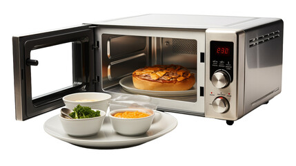 A microwave oven with delicious food cooking inside, emitting warm aromas on transparent background