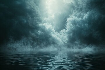 Ethereal clouds and mist, resembling the divine spirit, hover above a dark, mysterious body of water.