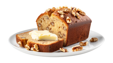A loaf of bread topped with butter and nuts, sitting on a plate on transparent background