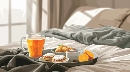 Tray with tasty breakfast on bed Vector style vector