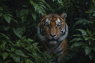 A tiger hiding between a dark jungle. jungle shot, forest, wild animal, hunting.