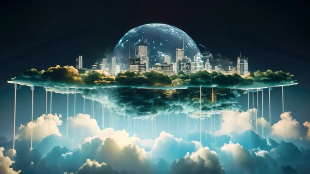 A mesmerizing sight of a city suspended in the clouds, illuminated by the night sky, Translucent layers of cloud computing depicted as floating islands