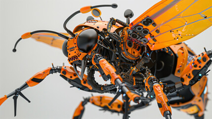 A robotic insect with a mechanical wing and a black and yellow body. The insect is made of metal and has a metallic appearance