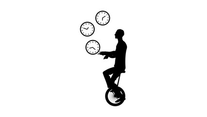 time management, juggler juggles with a clock, black isolated silhouette