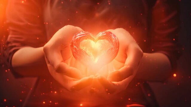An Video of a person holding a heart in their hands, representing love, care, and compassion, Two hands intertwined with a glowing heart in the background