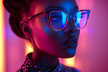 Black woman with glasses, illuminated in the style of neon light