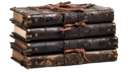 A stack of vintage books precariously balanced on top of each other on transparent background