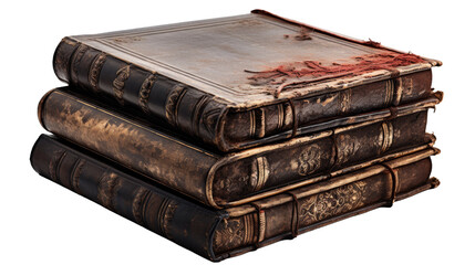 Obraz premium A stack of weathered books stained with blood, telling tales of mystery and darkness on transparent background