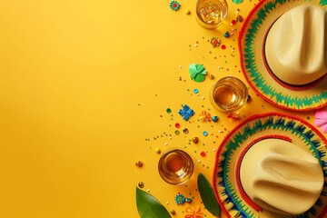 Vibrant Mexican fiesta party background with tequila, sombrero and colorful decorations on a yellow backdrop with space for text. A flat lay top view of a Cinco de Mayo holiday celebration banner