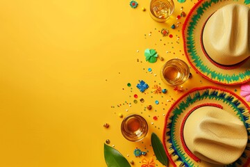 Obraz premium Vibrant Mexican fiesta party background with tequila, sombrero and colorful decorations on a yellow backdrop with space for text. A flat lay top view of a Cinco de Mayo holiday celebration banner