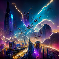 Obraz premium Futuristic city with purple and pink gradient sky background, Dreamscapes: Exploring Tomorrow's Cities under Pink & Purple Skies, FutureScape Chronicles: Urban Marvels Beneath Gradient Horizons