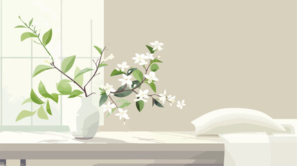 Vase with blooming jasmine flowers on bedside bench i