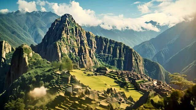 This Video captures the ancient Inca city of Machu Picchu, showcasing its architectural ruins from an aerial perspective, View from the top of Machu Picchu, Peru