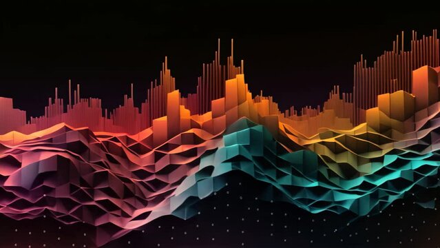 A stunning Video of a vibrant mountain range set against a bold black background, Bohemian style interpretation of the fluctuating stock market
