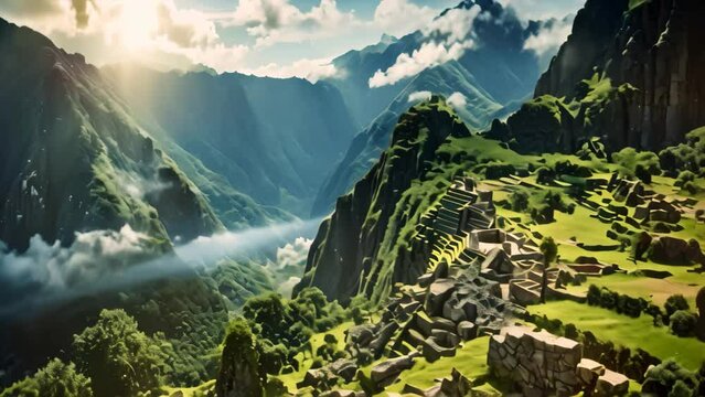 Immerse yourself in the awe-inspiring sight of the Machaca Pico ruins framed by breathtaking mountains, View from the top of Machu Picchu, Peru