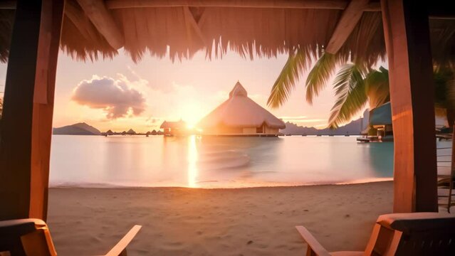 Two chairs sit on the sandy beach, inviting relaxation and tranquility amidst the scenic beauty, Watching the sunset from a beach cabana in Bora Bora