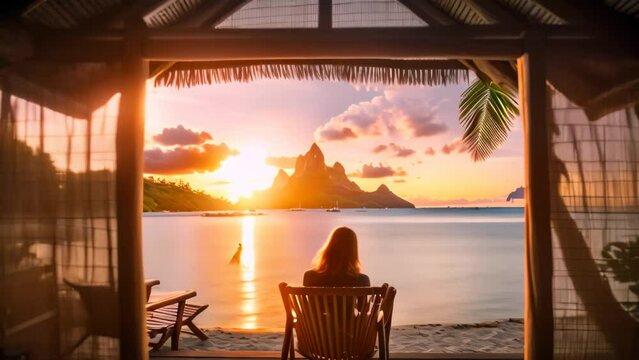 A woman serenely sits in a chair, her eyes fixed on the mesmerizing expanse of the ocean beyond, Watching the sunset from a beach cabana in Bora Bora