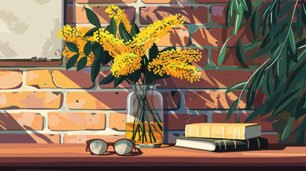 Vase with mimosa flowers books and eyeglasses on table