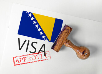 Bosnia and Herzegovina Visa Approved with Rubber Stamp and flag

