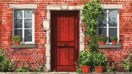 View of brick building with red wooden door Vector style