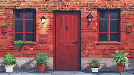 Fototapeta na wymiar View of brick building with red wooden door Vector style