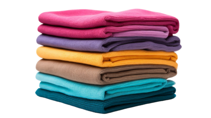 A neat stack of folded towels in various colors, resting on a pristine white background