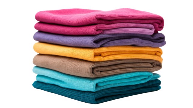 A neat stack of folded towels in various colors, resting on a pristine white background