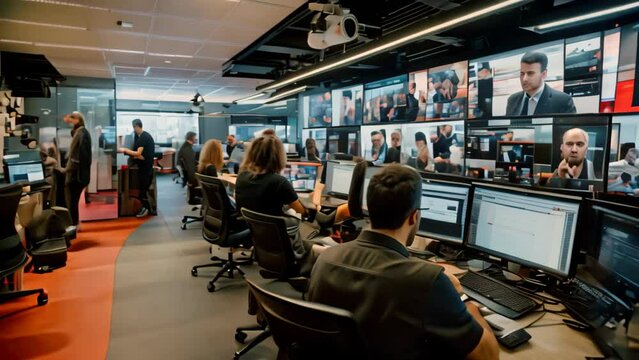 A diverse group of individuals collaborating on projects while sitting in front of computer monitors, A bustling newsroom office with screens showing different news channels