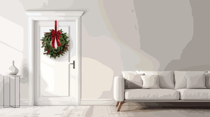 White door with Christmas wreath in living room Vector