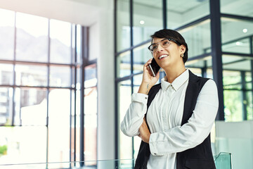Office, business and woman and phone call on smartphone, speaking or web search or internet...