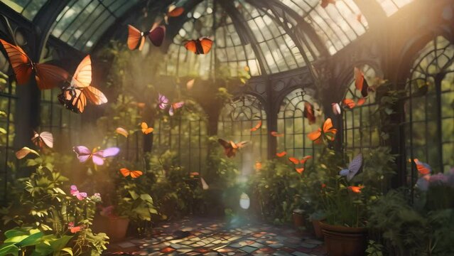 A room filled to the brim with an array of plants and alive with the fluttering of countless butterflies, A charming Victorian-era conservatory filled with brightly colored butterflies