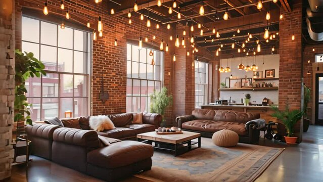 A well-furnished living room boasting a generous amount of furniture and an abundance of windows, A chic industrial loft space with exposed brick walls and hanging Edison bulbs