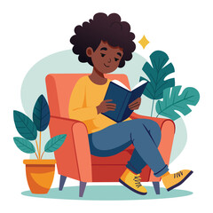 Young girl comfortably reading in a cozy armchair, vector cartoon illustration.