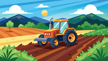 Tractor plowing a field, serene mountainous landscape in the background,  vector cartoon illustration.