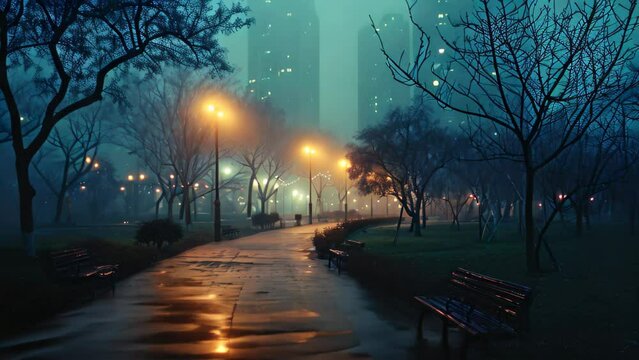 A mysterious fog engulfs a serene park at night, highlighting the silhouettes of benches and street lights, A city park clouded by sudden fog