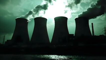 Wide Shot of Industrial Complex with Nuclear Reactor Cooling Towers and Smokestacks. Concept Industrial Photography, Nuclear Power Plants, Architecture, Atmospheric Emissions, Industrial Landscapes