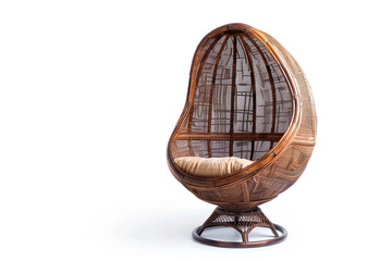 A rustic wicker egg chair with a boho-chic style, isolated on solid white background.