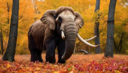 A Mammoth Covered In Autumn Leaves Blending Into - obrazy, fototapety, plakaty