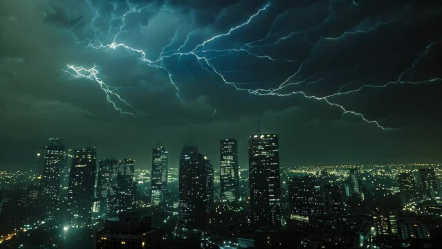 A stunning photo capturing the electric energy of a city at night, illuminated by an abundance of lightning strikes, A city skyline lit by forked lightning