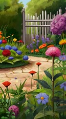 Summer garden border painting nature outdoors.Ai generative