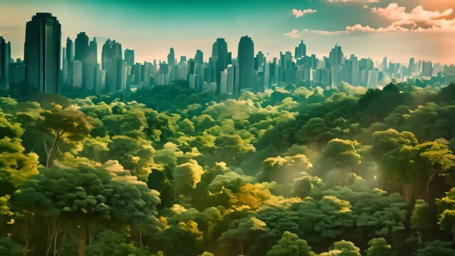 Panoramic Perspective of a Cityscape From Afar, A city skyline surrounded by lush greenery from an aerial view