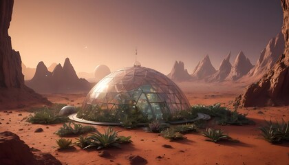 An Intricate Botanical Garden Dome On Mars  With A Variety Of Alien Plants That Glow Softly In The Martian Twilight (2)