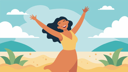 A woman dancing and laughing on a beach her arms lifted high in celebration as she embraces her newfound sense of selflove after overcoming addiction..