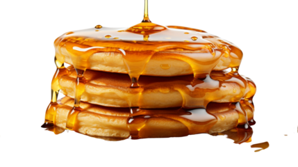 A tower of fluffy pancakes drenched in sticky, sweet syrup