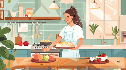 Woman preparing apple strudel at table in kitchen Vector
