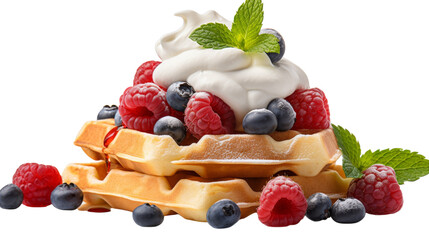 Indulge in a stack of waffles adorned with fresh fruit and clouds of whipped cream