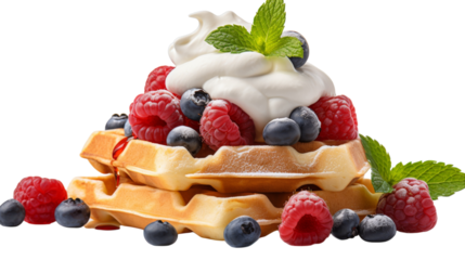 Indulge in a stack of waffles adorned with fresh fruit and clouds of whipped cream