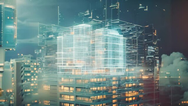 A striking city building at night stands out amidst the bright lights and bustling activity of the urban environment, A cloud of digital data constructed around a building blueprint