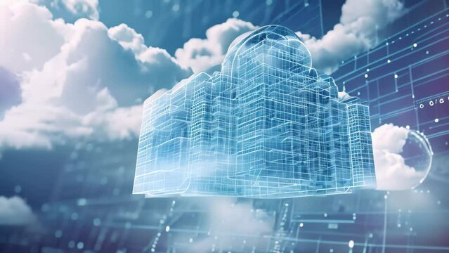 A lone white cloud peacefully drifts across a vibrant blue sky, creating a serene and soothing atmosphere, A cloud of digital data constructed around a building blueprint