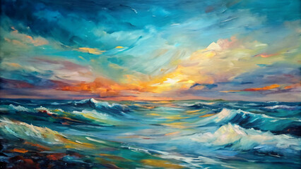Obraz premium Seascape with colorful clouds at sunset or sunrise over the ocean